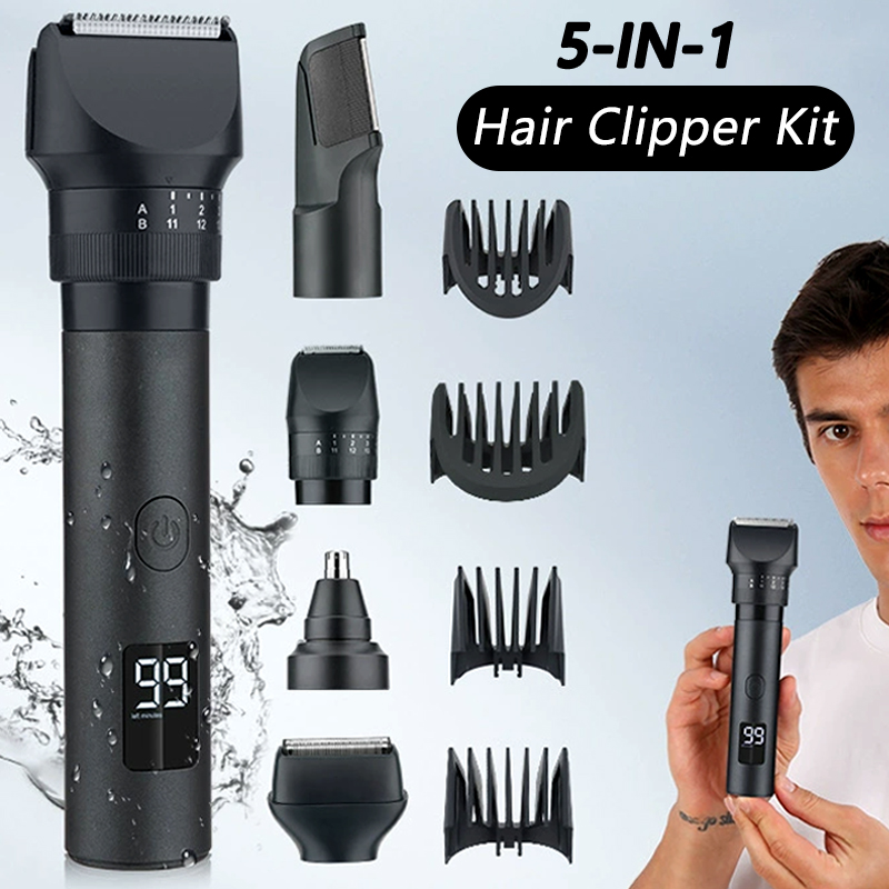 Beard Trimmer Cordless - 5-in-1 Draadloze Haarkapper met LED-display, Baarden-/neustrimmer