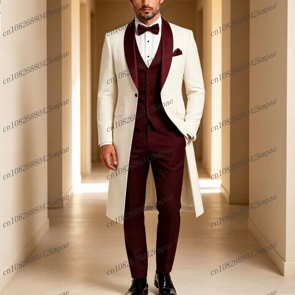 Men'S Grooming Jacket - Witte en bordeauxrode lange blazer, formeel