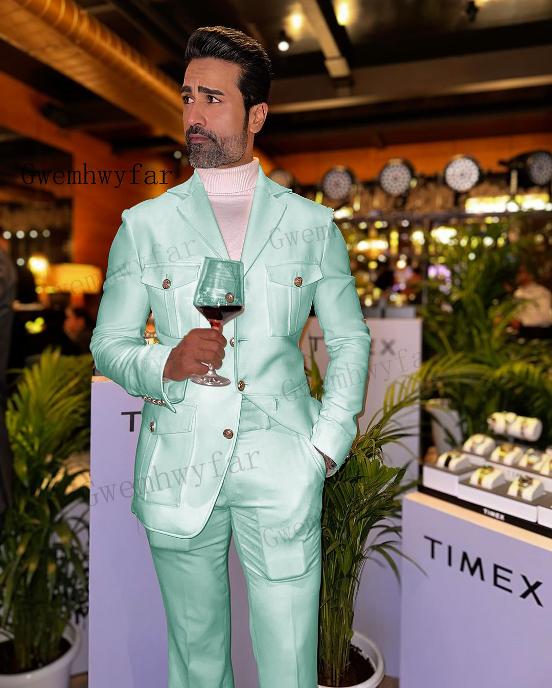 Men'S Grooming Jacket - Gwenhwyfar Mint Groene Affrica Slim Fit